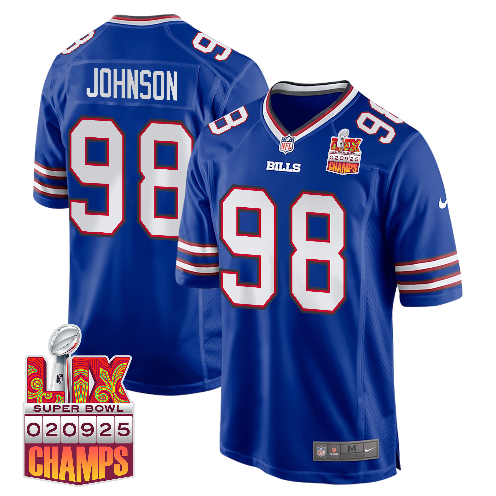 Austin Johnson 98 Buffalo Bills Super Bowl LIX Champions Patch Game Royal NFL Jersey Men's