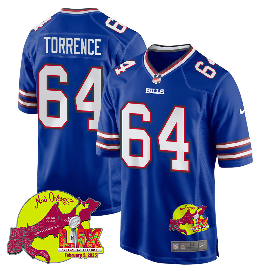 O'Cyrus Torrence 64 Buffalo Bills Super Bowl LIX New Orleans Patch Game Royal NFL Jersey Men's