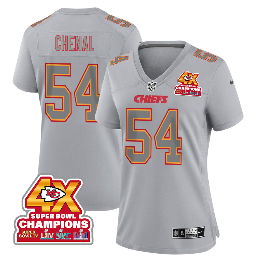 Leo Chenal 54 Kansas City Chiefs Super Bowl LVIII Champions 4X Atmosphere Fashion Game Gray NFL Jersey Women's