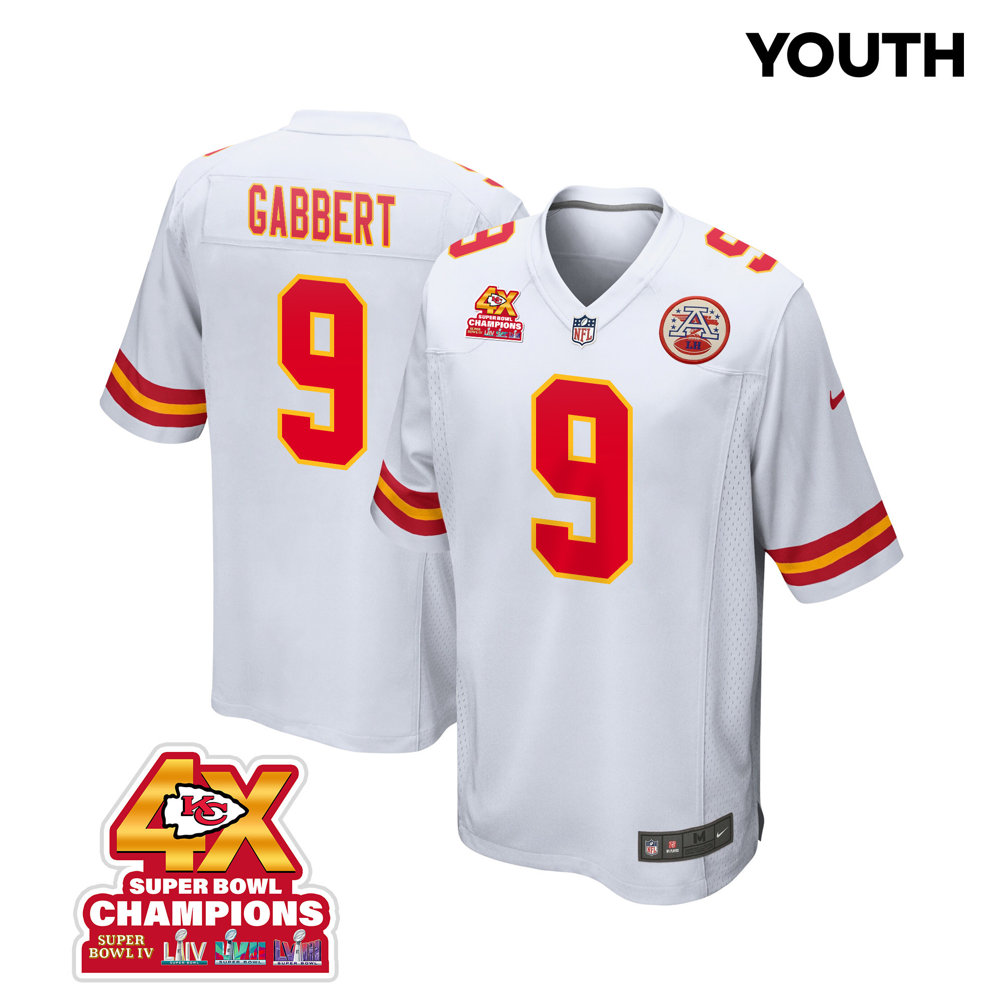 Blaine Gabbert 9 Kansas City Chiefs Super Bowl LVIII Champions 4X Game White NFL Jersey Youth