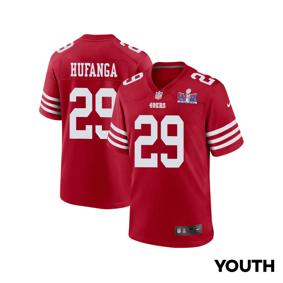 Talanoa Hufanga 29 San Francisco 49ers Super Bowl LVIII Patch Game Scarlet NFL Jersey Youth