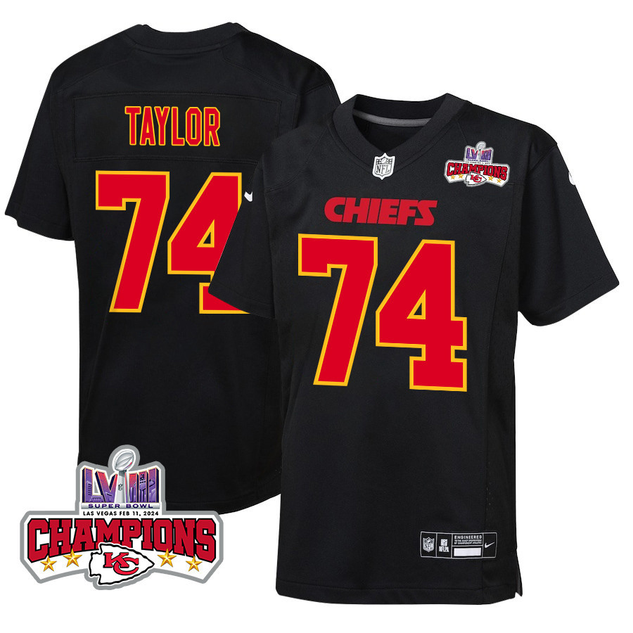 Jawaan Taylor 74 Kansas City Chiefs Super Bowl LVIII Champions 4 Stars Patch Fashion Game Carbon Black NFL Jersey Youth