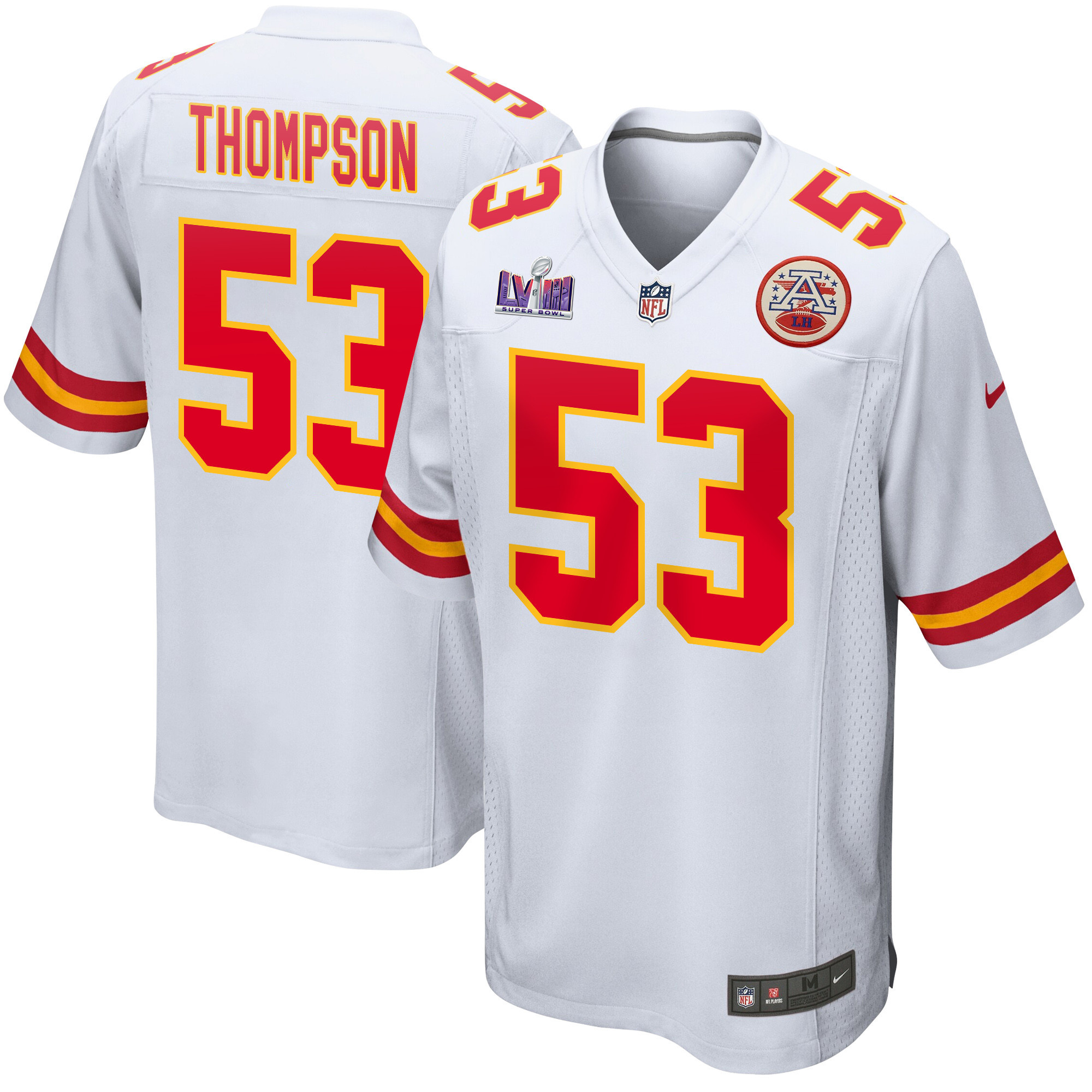 BJ Thompson 53 Kansas City Chiefs Super Bowl LVIII Patch Game White NFL Jersey Men's