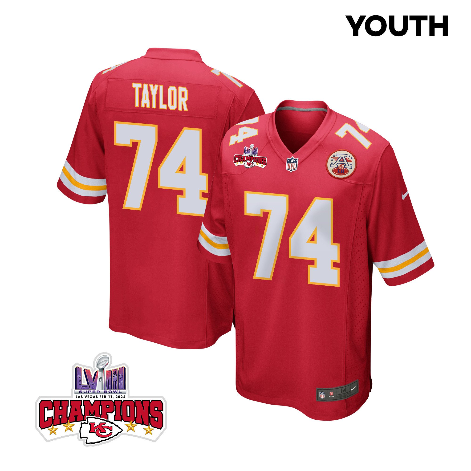 Jawaan Taylor 74 Kansas City Chiefs Super Bowl LVIII Champions 4 Stars Patch Game Red NFL Jersey Youth