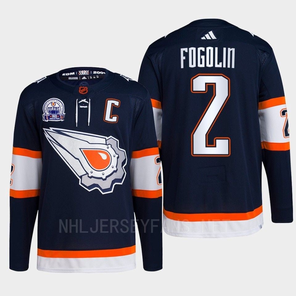 Lee Fogolin 2 Hall of Fame patch 2022 Edmonton Oilers Navy Reverse Retro 2.0 NHL Jersey Men's