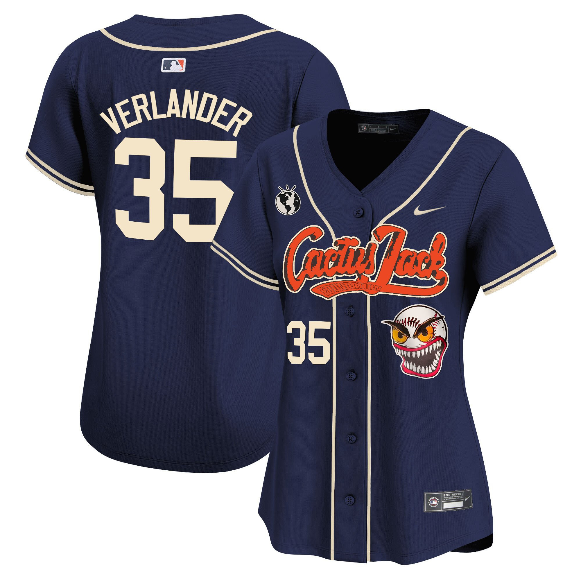 Justin Verlander 35 Houston Astros Cactus Jack Patch Navy MLB Jersey Women's