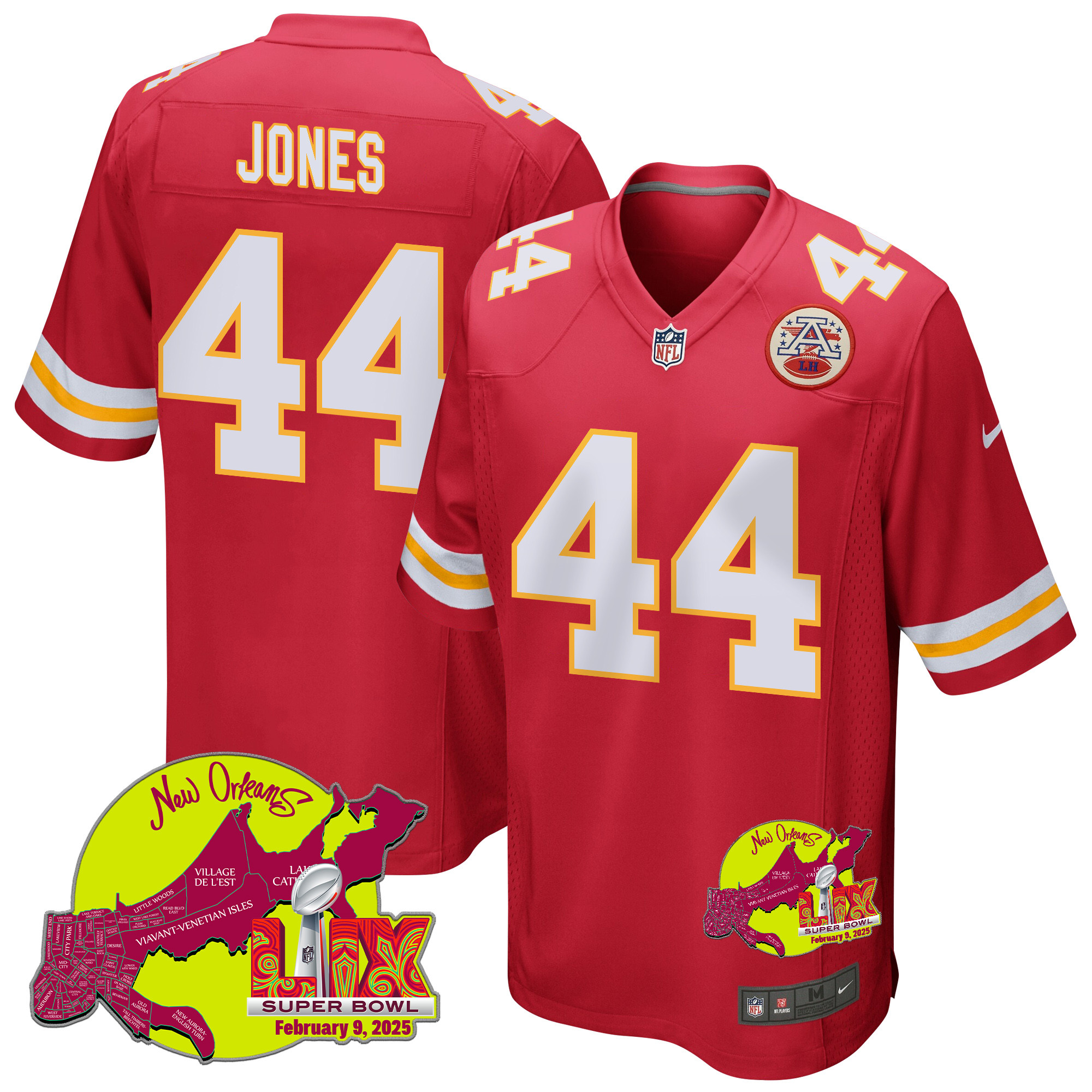 Cam Jones 44 Kansas City Chiefs Super Bowl LIX New Orleans Patch Game Red NFL Jersey Men's