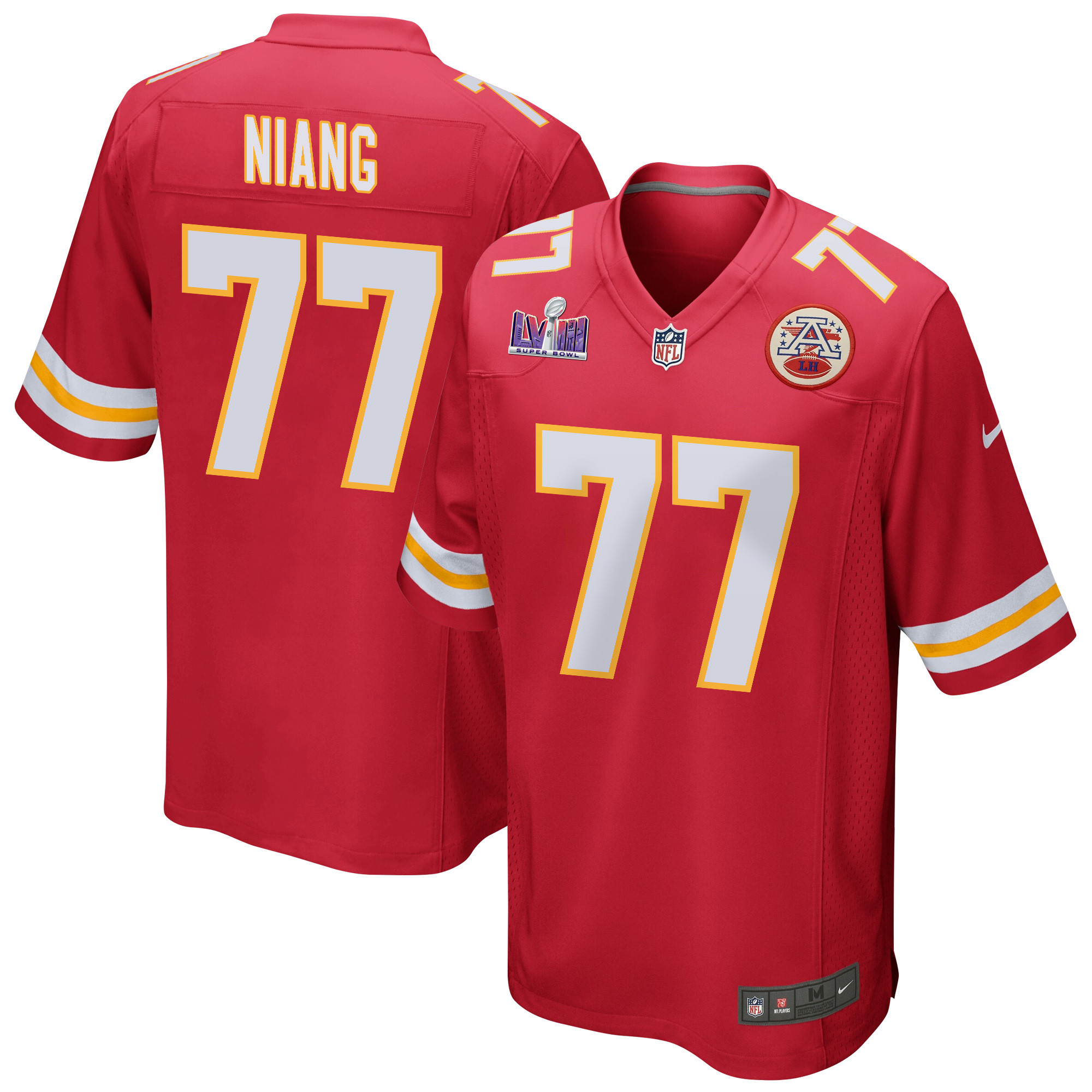 Lucas Niang 77 Kansas City Chiefs Super Bowl LVIII Patch Game Red NFL Jersey Men's