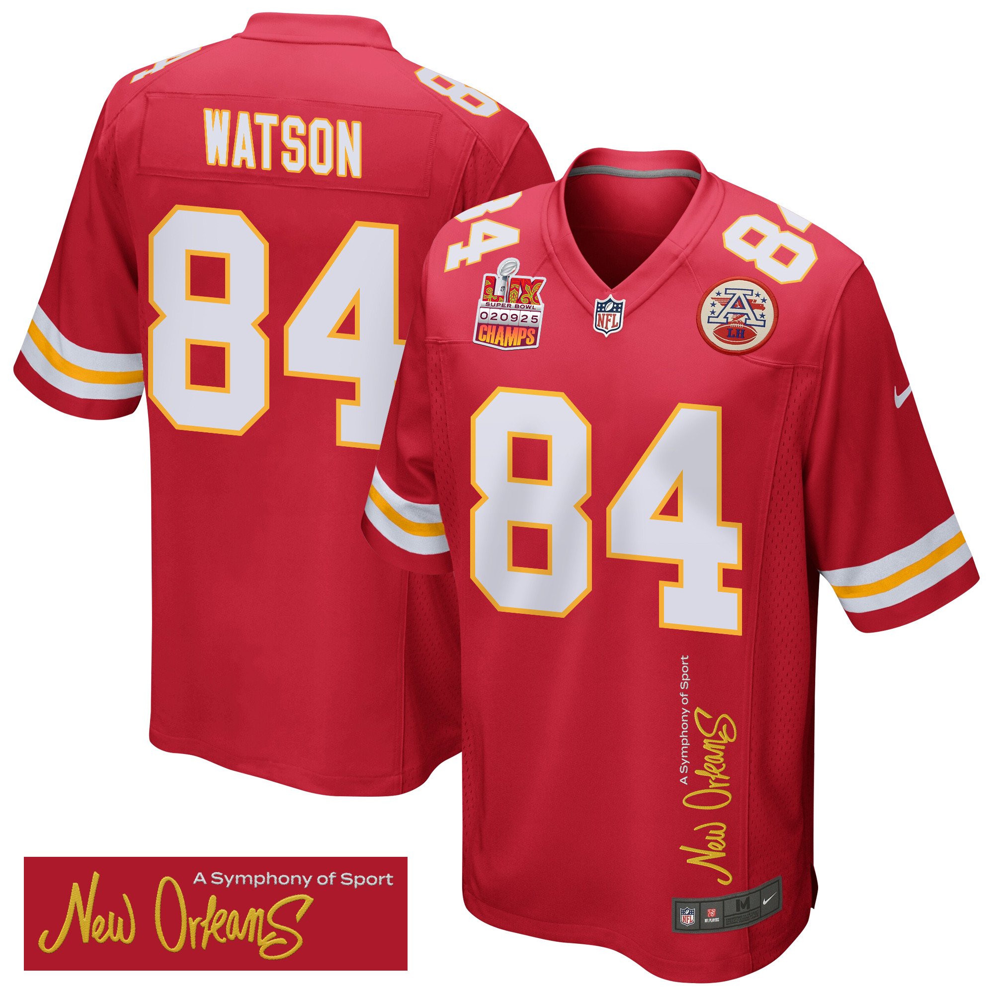 Justin Watson 84 Kansas City Chiefs Super Bowl LIX Champions Patch New Orleans A Symphony of Sport' EMBROIDERED Game Red NFL Jersey Men's
