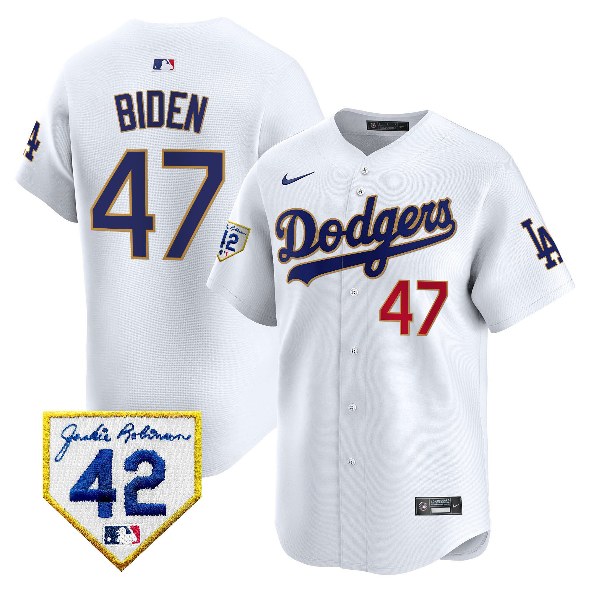 Joe Biden 47 Los Angeles Dodgers 2024 Jackie Robinson Patch White MLB Jersey Men's