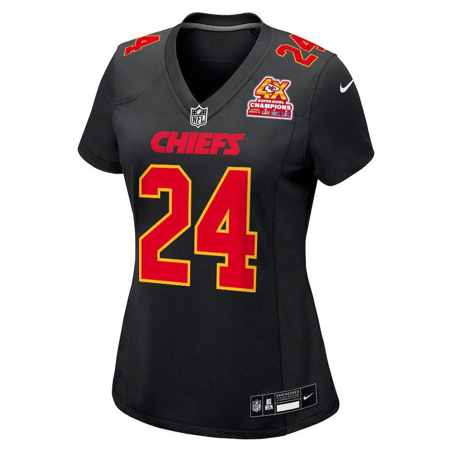 Skyy Moore 24 Kansas City Chiefs Super Bowl LVIII Champions 4X Fashion Game Carbon Black NFL Jersey Women's