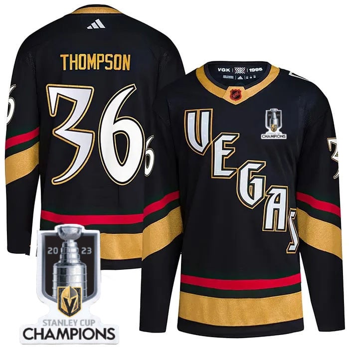 Logan Thompson 33 Vegas Golden Knights 2023 Stanley Cup Champions Patch Special Edition 2.0 Breakaway Black NHL Jersey Men's
