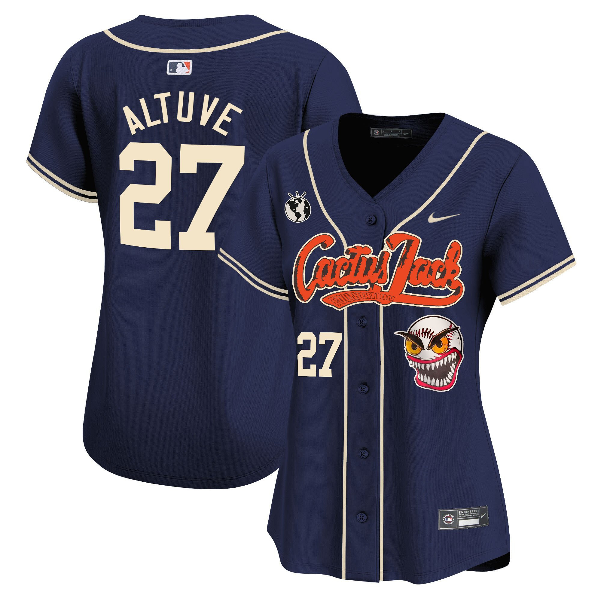 Jose Altuve 27 Houston Astros Cactus Jack Patch Navy MLB Jersey Women's