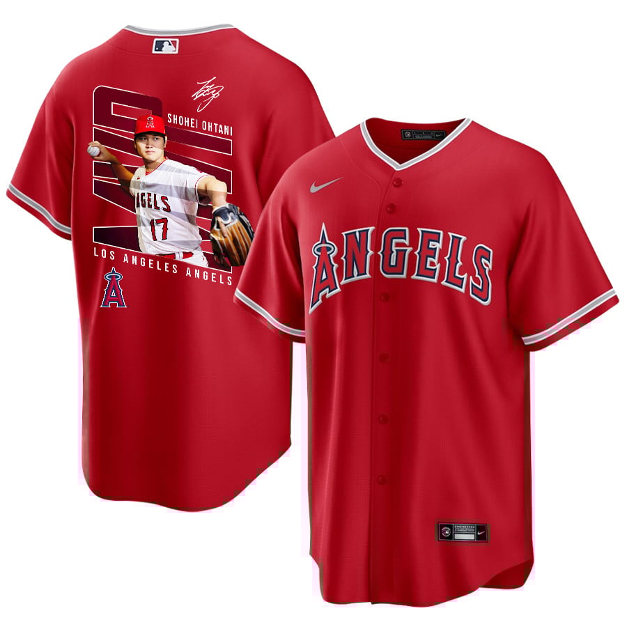Shohei Ohtani 17 Los Angeles Angels Signed Logo 2023 Alternate Player Red MLB Jersey Men's
