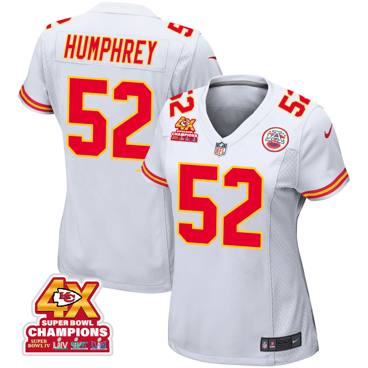 Creed Humphrey 52 Kansas City Chiefs Super Bowl LVIII Champions 4X Game White NFL Jersey Women's