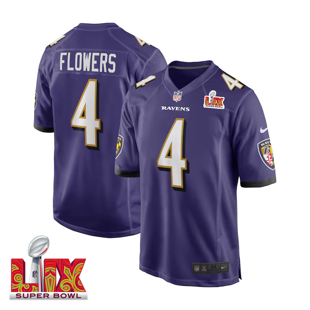 Zay Flowers #4 Baltimore Ravens Super Bowl LIX Purple NFL Jersey Men's