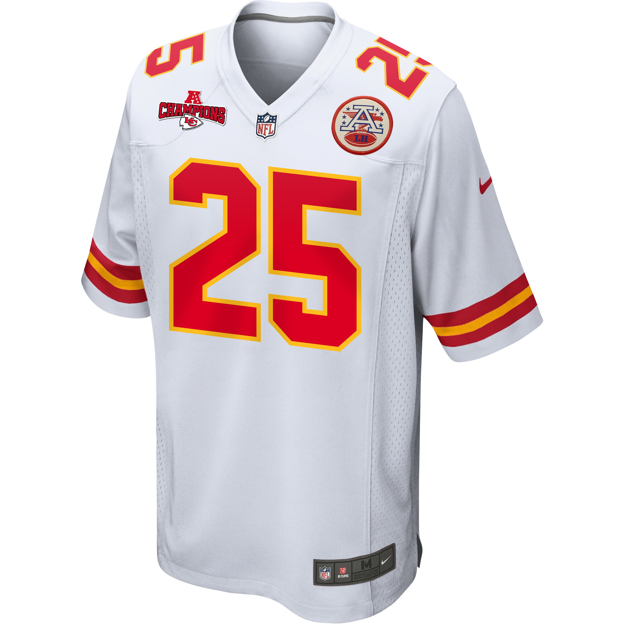 Clyde Edwards-Helaire 25 Kansas City Chiefs AFC Champions Patch Game White NFL Jersey Men's