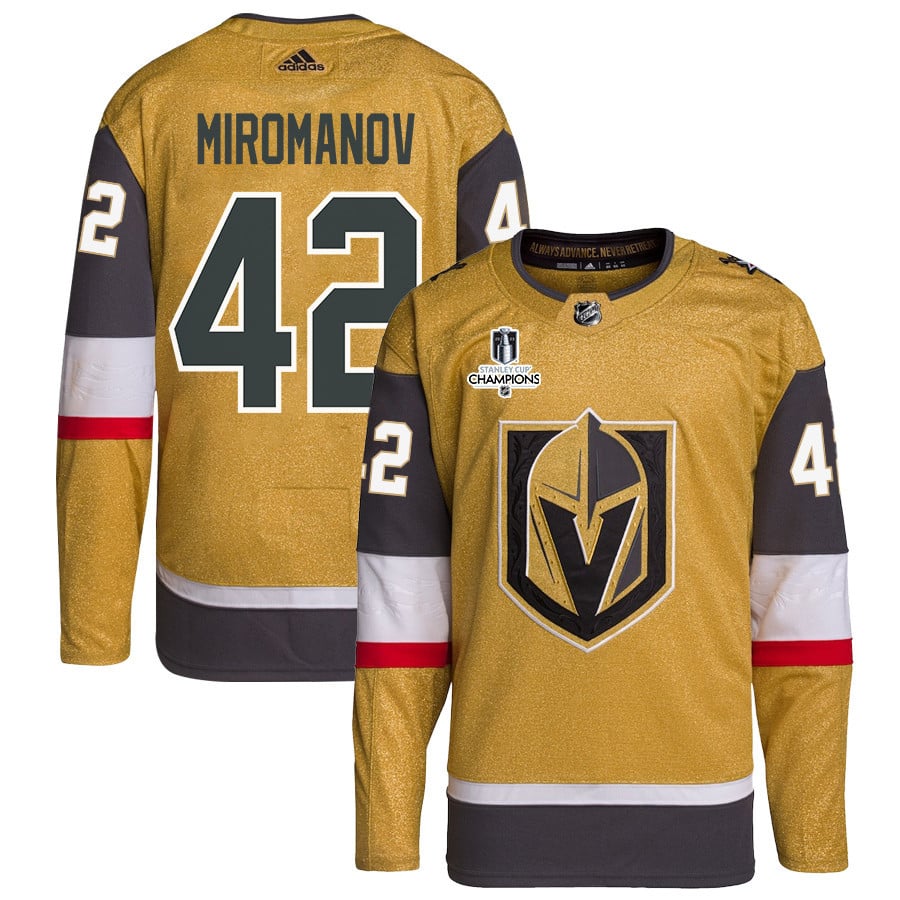 Daniil Miromanov 42 Vegas Golden Knights Stanley Cup 2023 Champions Patch Home Breakaway Gold NHL Jersey Men's