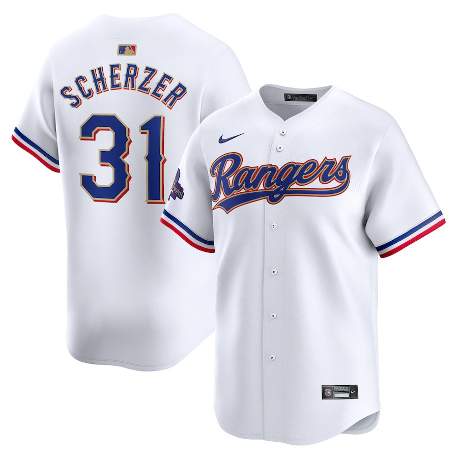 Max Scherzer 31 Texas Rangers 2024 Gold Collection Limited White MLB Jersey Men's