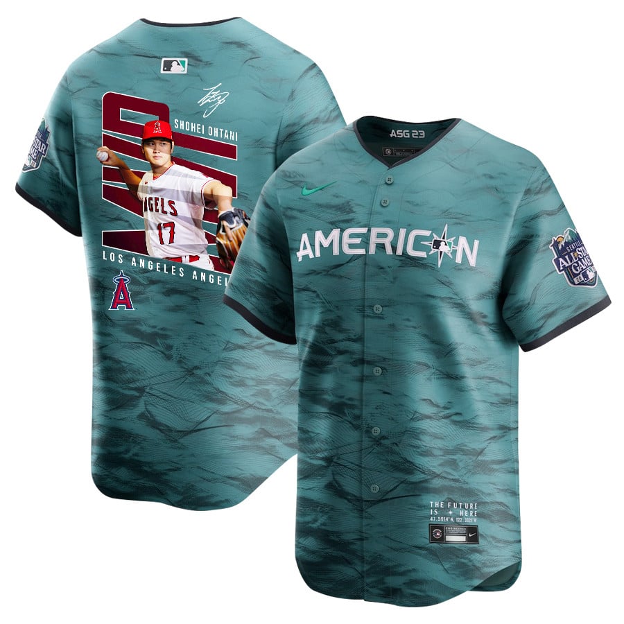 Shohei Ohtani 17 Los Angeles Angels Signed Logo 2023 All Star Game Limited Player Teal MLB Jersey Men's