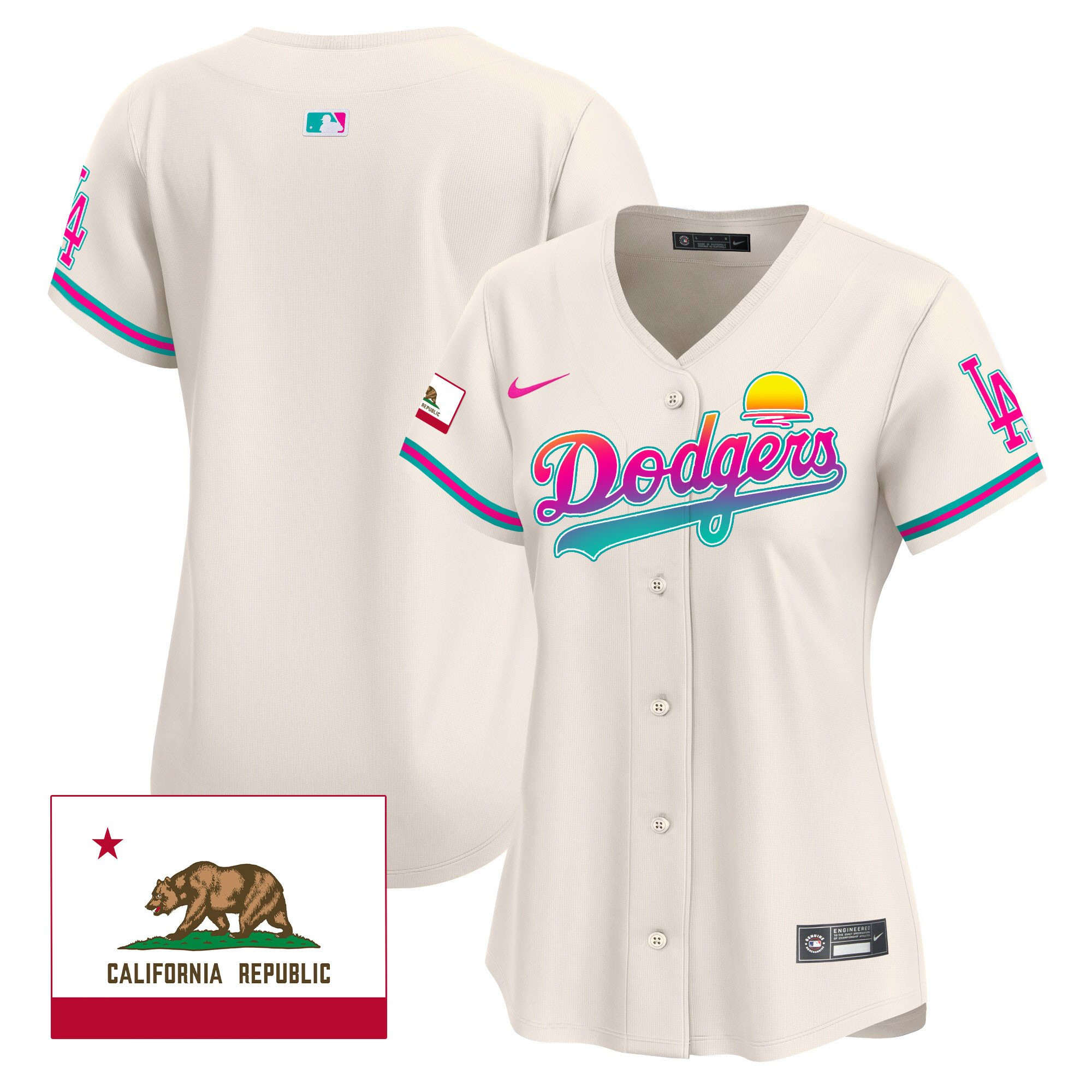 Los Angeles Dodgers 2024 Los Angeles City Style California Republic Patch Cream MLB Jersey Women's