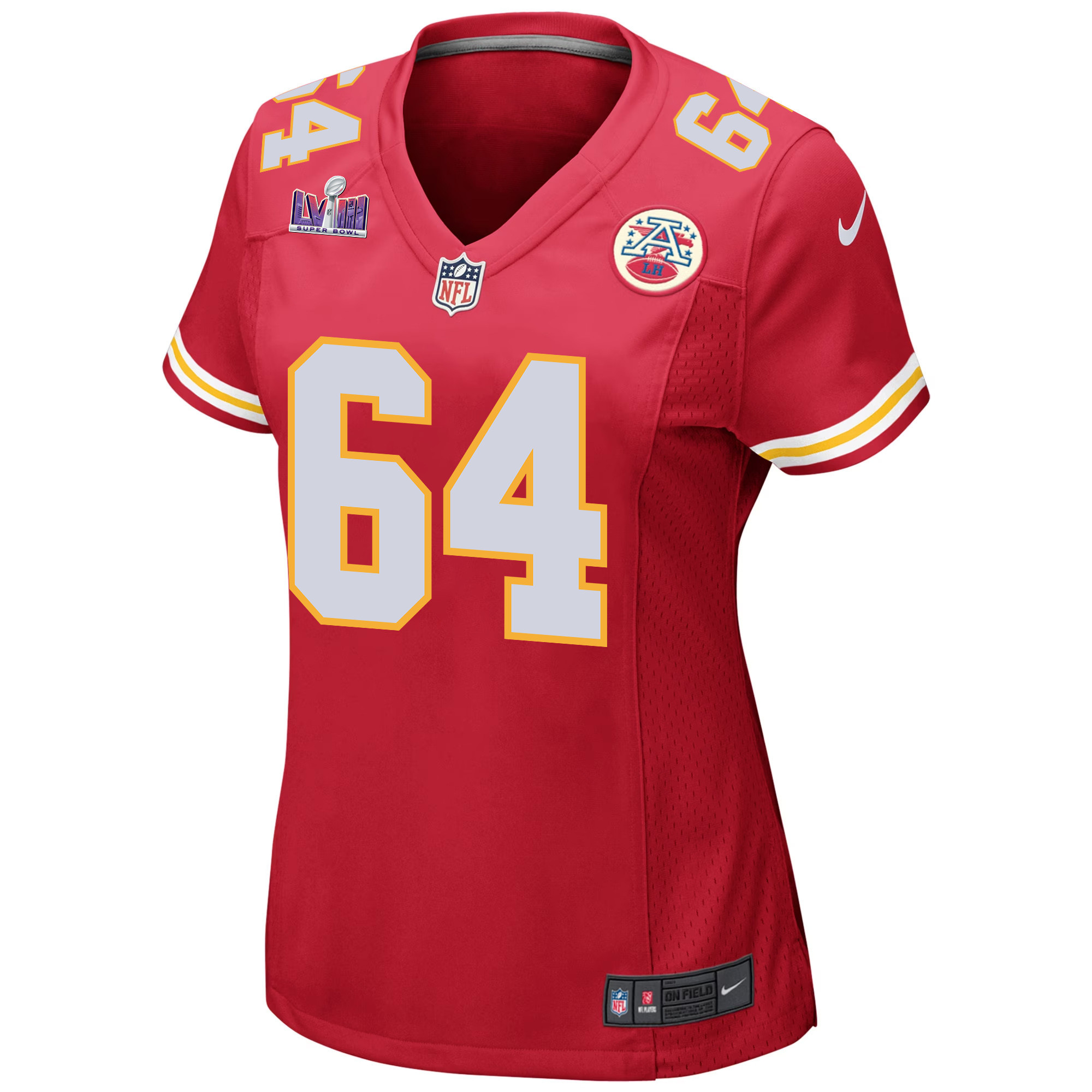 Wanya Morris 64 Kansas City Chiefs Super Bowl LVIII Patch Game Red NFL Jersey Women's