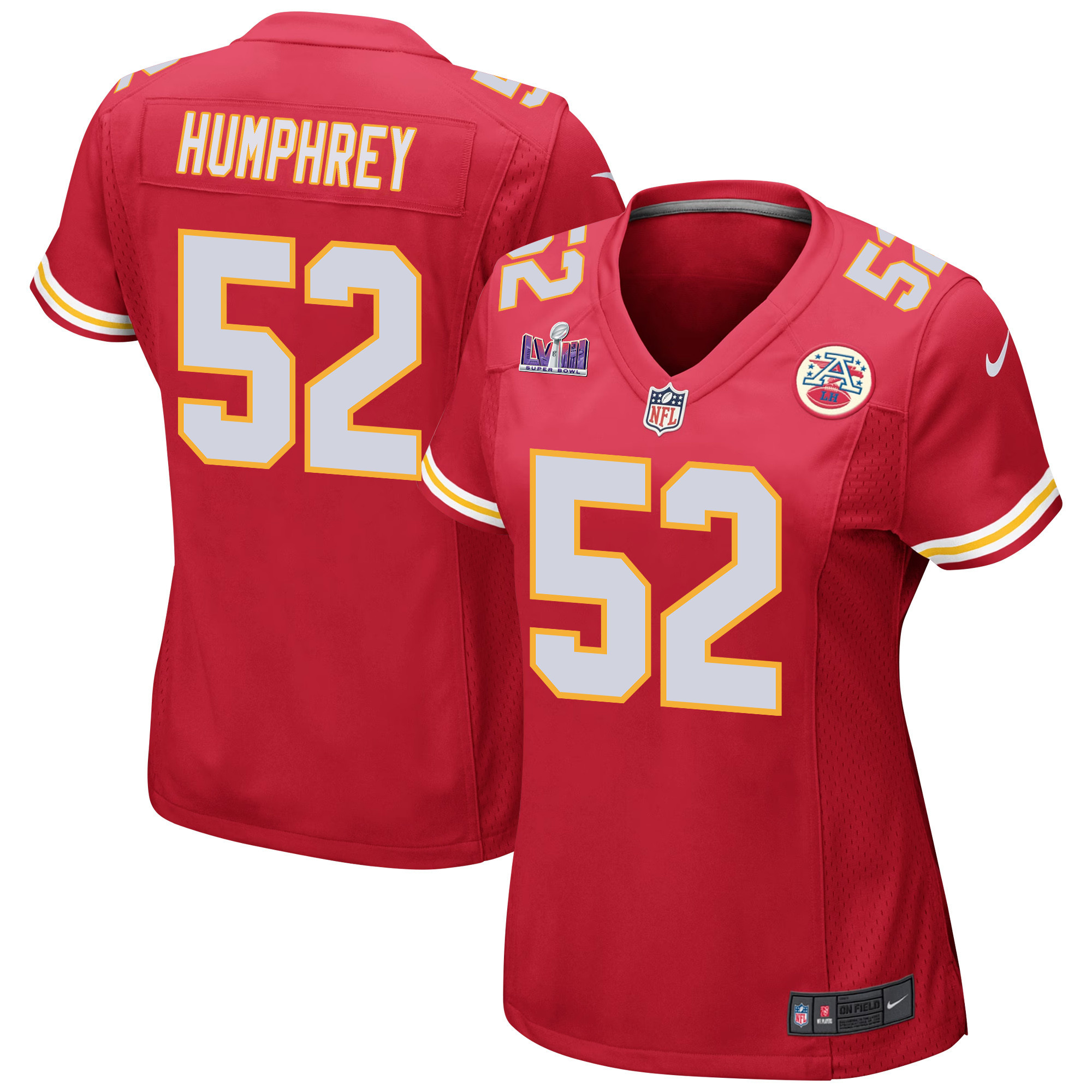 Creed Humphrey 52 Kansas City Chiefs Super Bowl LVIII Patch Game Red NFL Jersey Women's