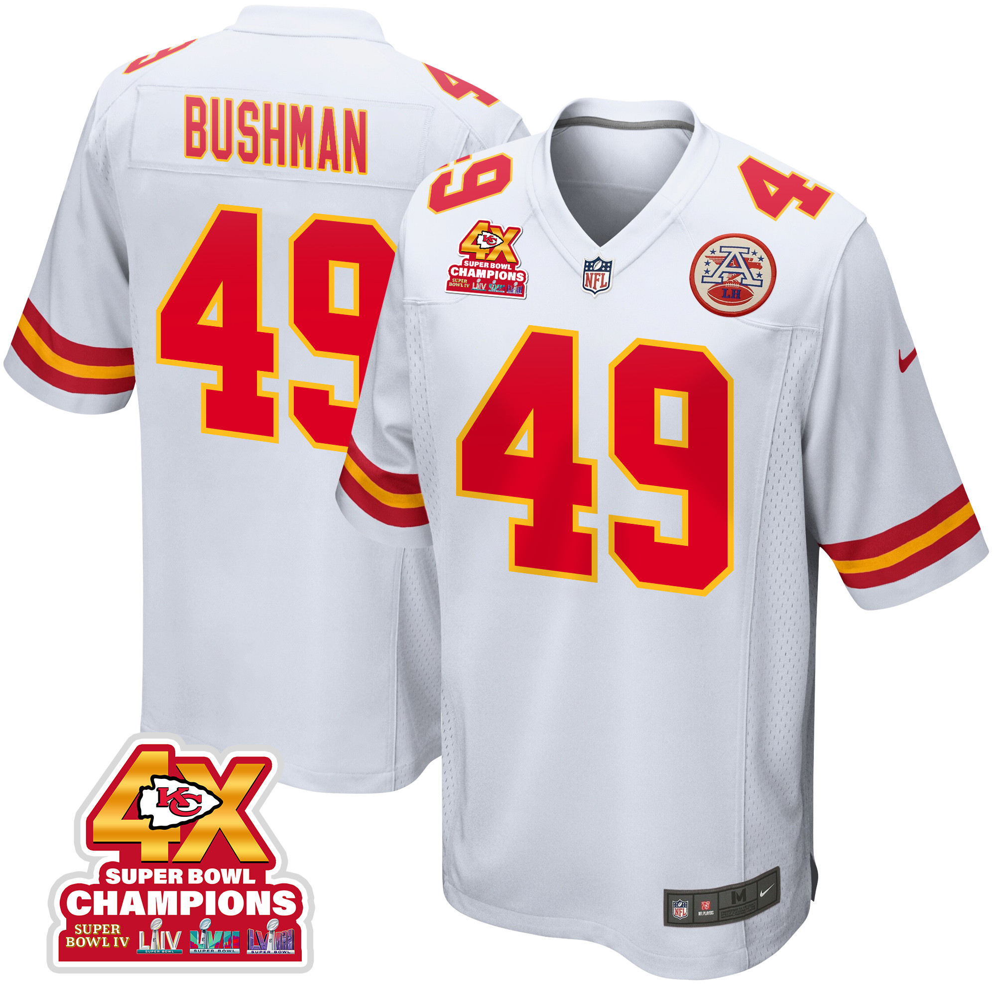 Matt Bushman 49 Kansas City Chiefs Super Bowl LVIII Champions 4X Game White NFL Jersey Men's
