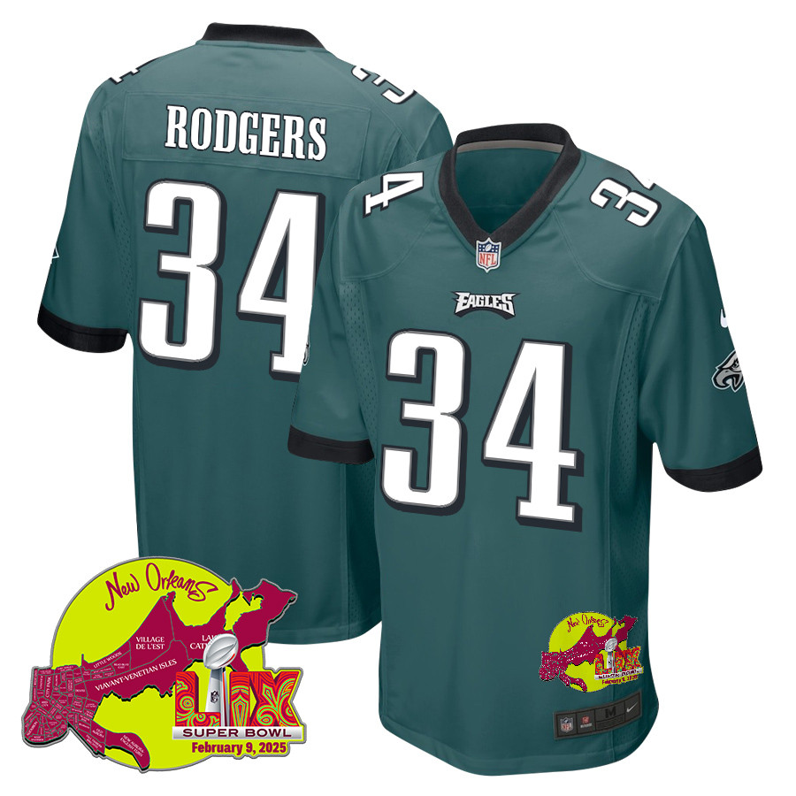 Isaiah Rodgers 34 Philadelphia Eagles Super Bowl LIX New Orleans Patch Game Midnight Green NFL Jersey Men's