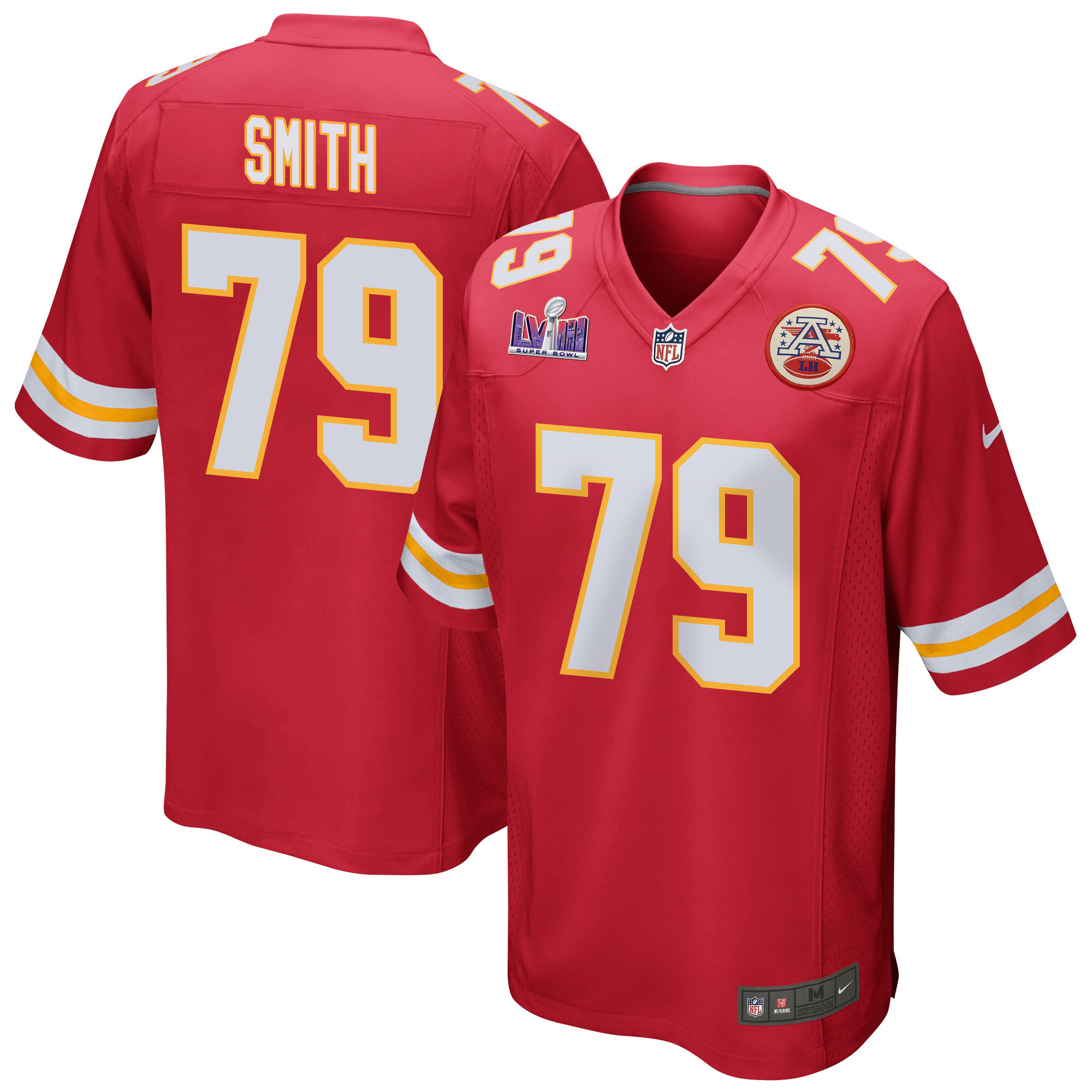 Donovan Smith 79 Kansas City Chiefs Super Bowl LVIII Patch Game Red NFL Jersey Men's