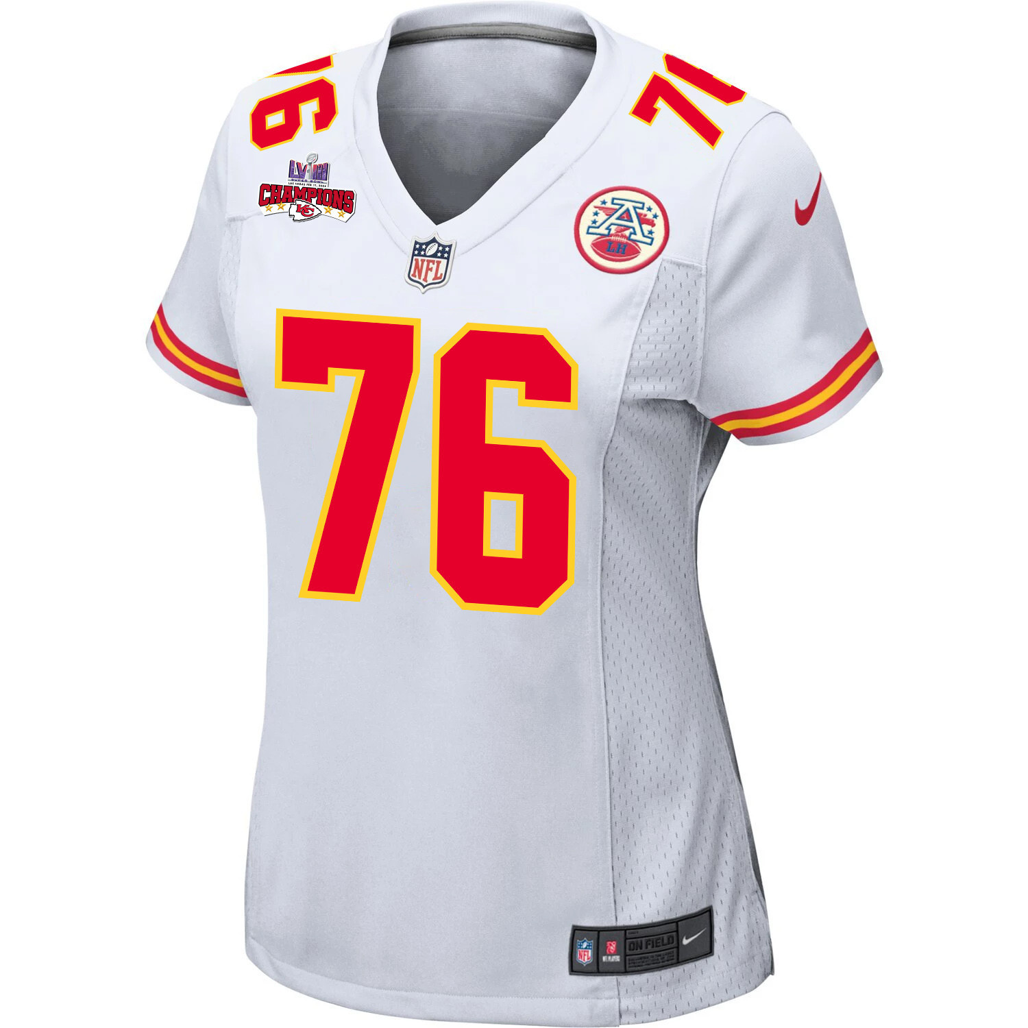Prince Tega Wanogho 76 Kansas City Chiefs Super Bowl LVIII Champions 4 Stars Patch Game White NFL Jersey Women's