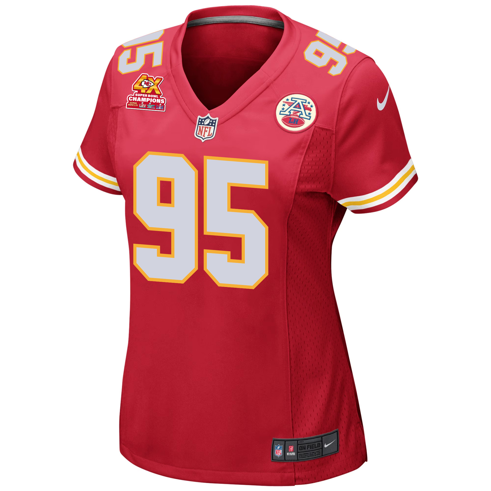 Chris Jones 95 Kansas City Chiefs Super Bowl LVIII Champions 4X Game Red NFL Jersey Women's