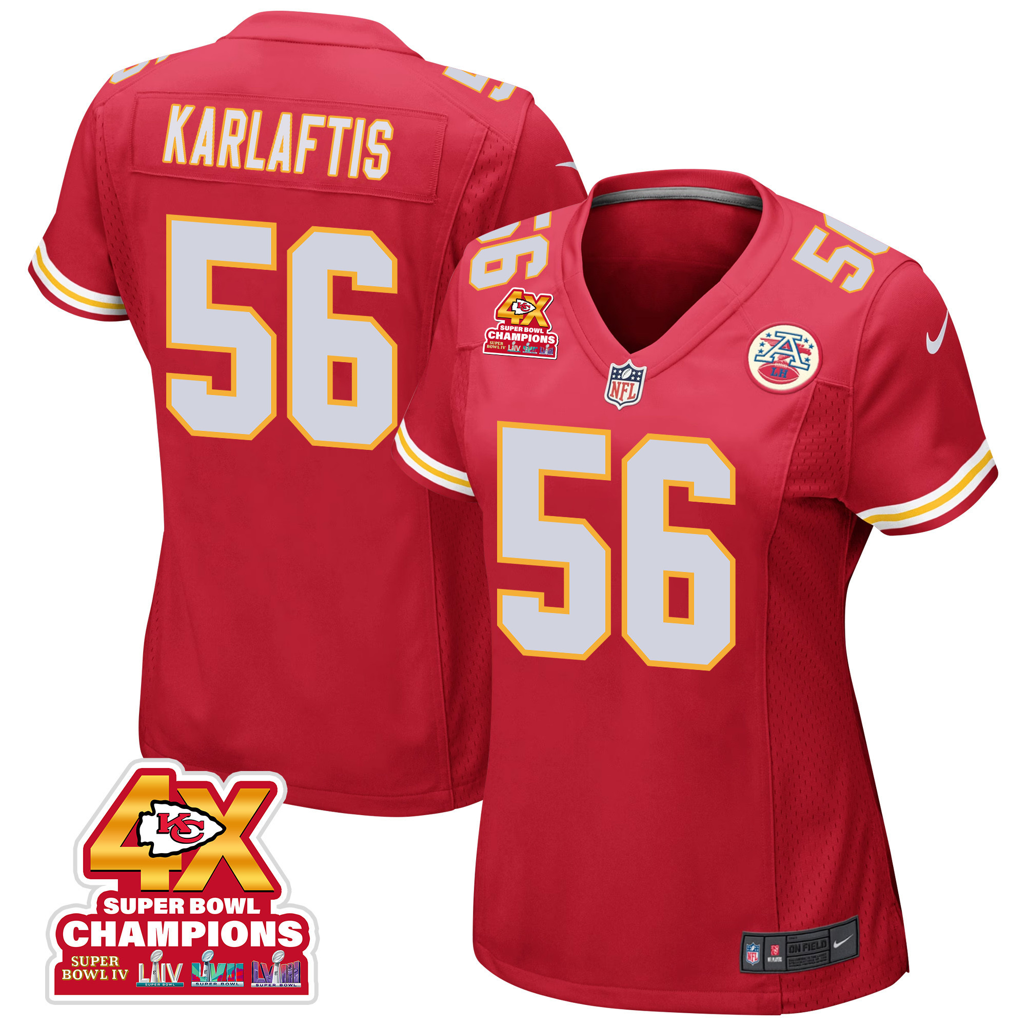 George Karlaftis 56 Kansas City Chiefs Super Bowl LVIII Champions 4X Game Red NFL Jersey Women's
