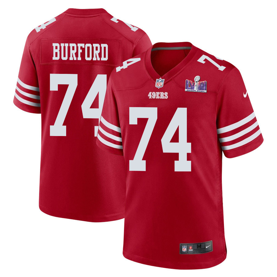 Spencer Burford 74 San Francisco 49ers Super Bowl LVIII Patch Game Scarlet NFL Jersey Men's