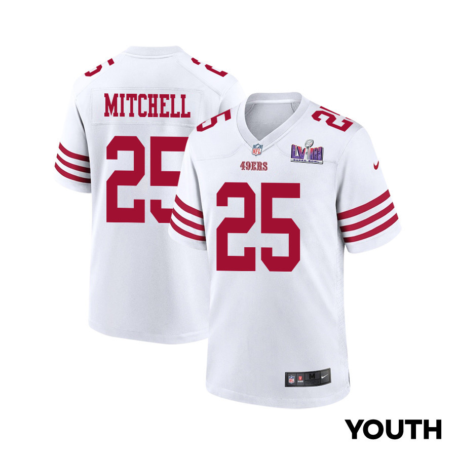 Elijah Mitchell 25 San Francisco 49ers Super Bowl LVIII Patch Game White NFL Jersey Youth