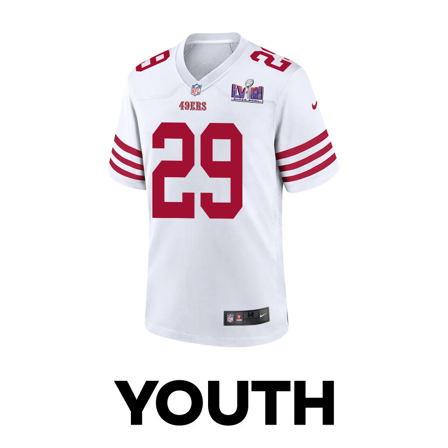 Talanoa Hufanga 29 San Francisco 49ers Super Bowl LVIII Patch Game White NFL Jersey Youth