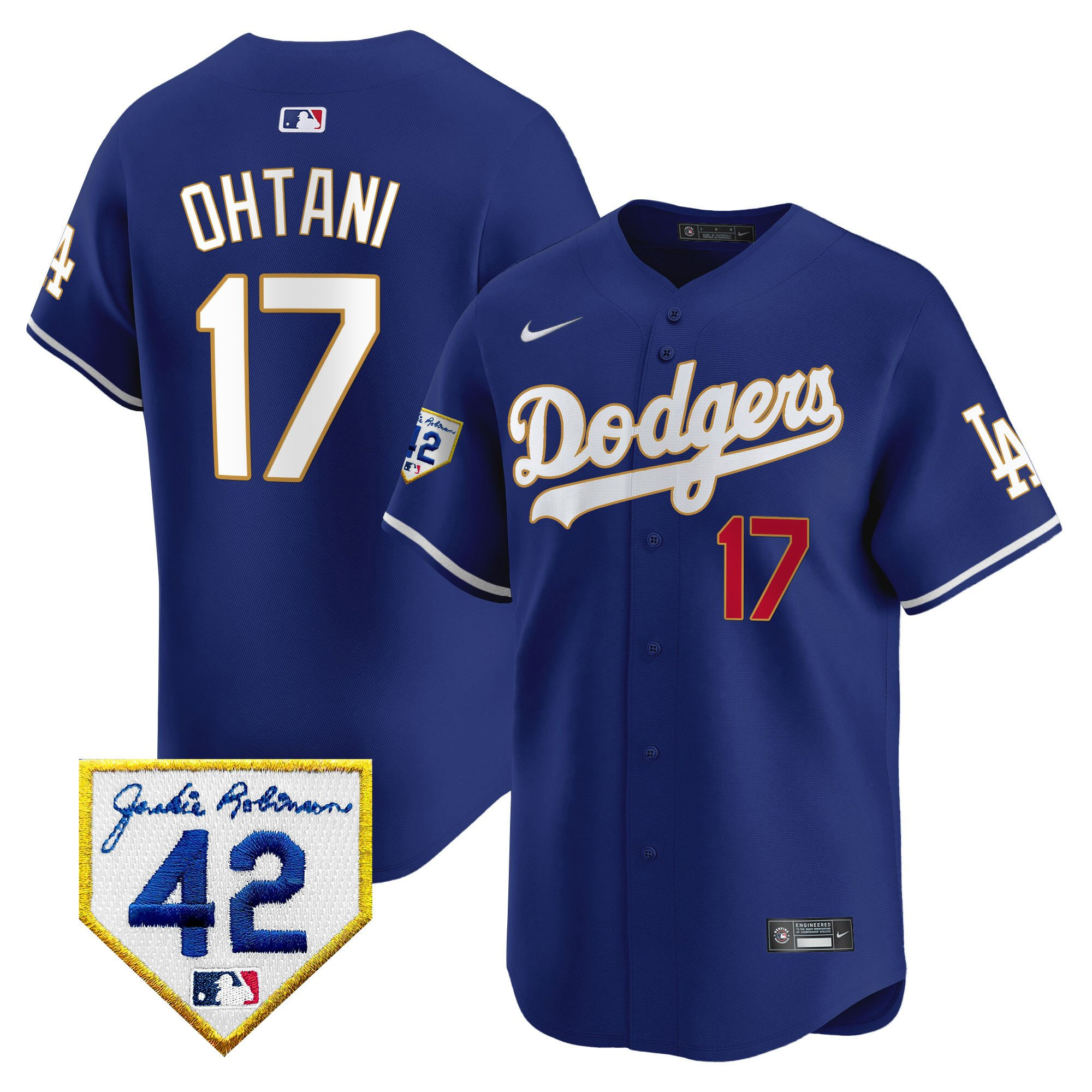 Shohei Ohtani 17 Los Angeles Dodgers 2024 Jackie Robinson Patch Royal MLB Jersey Men's
