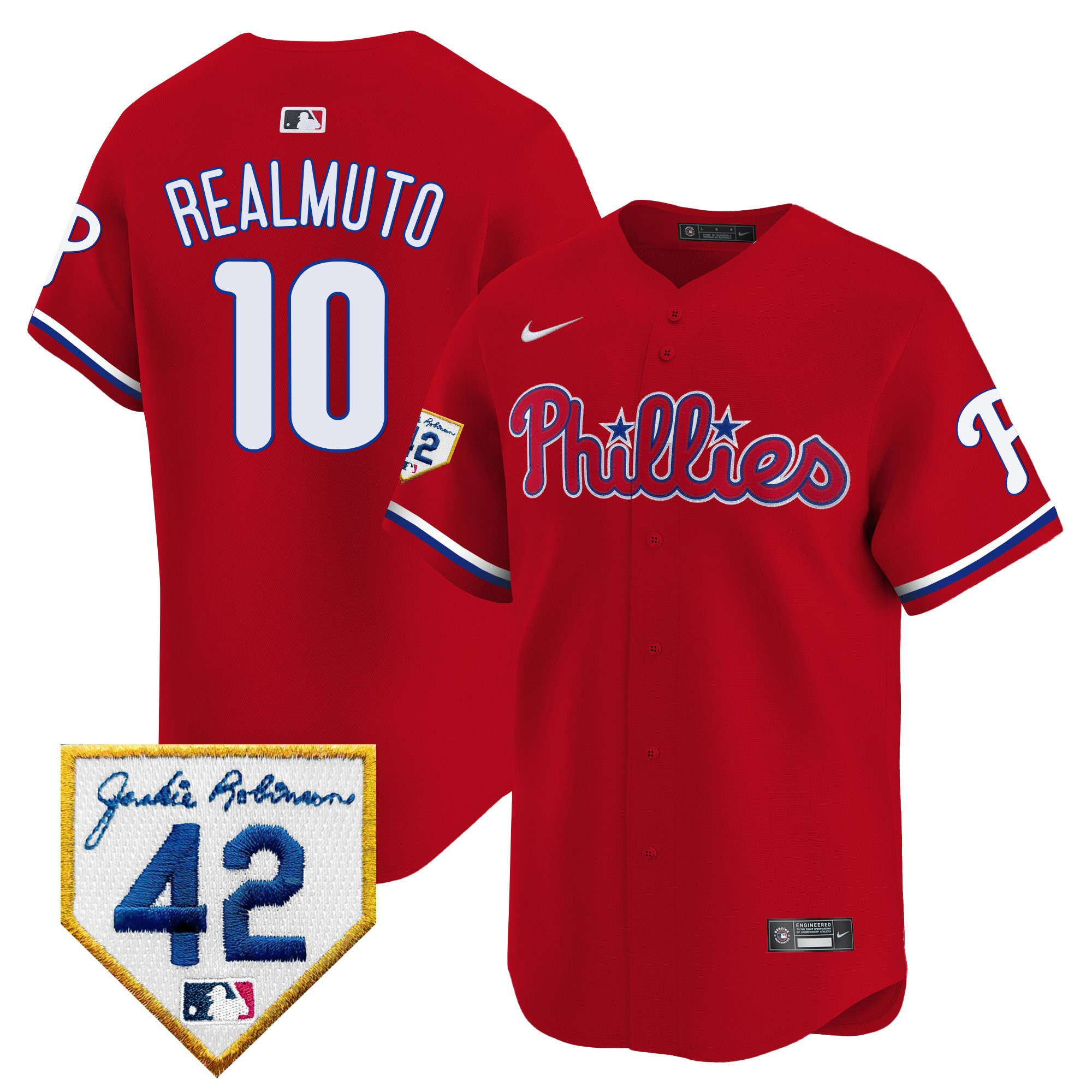 J.T. Realmuto 10 Philadelphia Phillies 2024 Jackie Robinson Patch Red MLB Jersey Men's