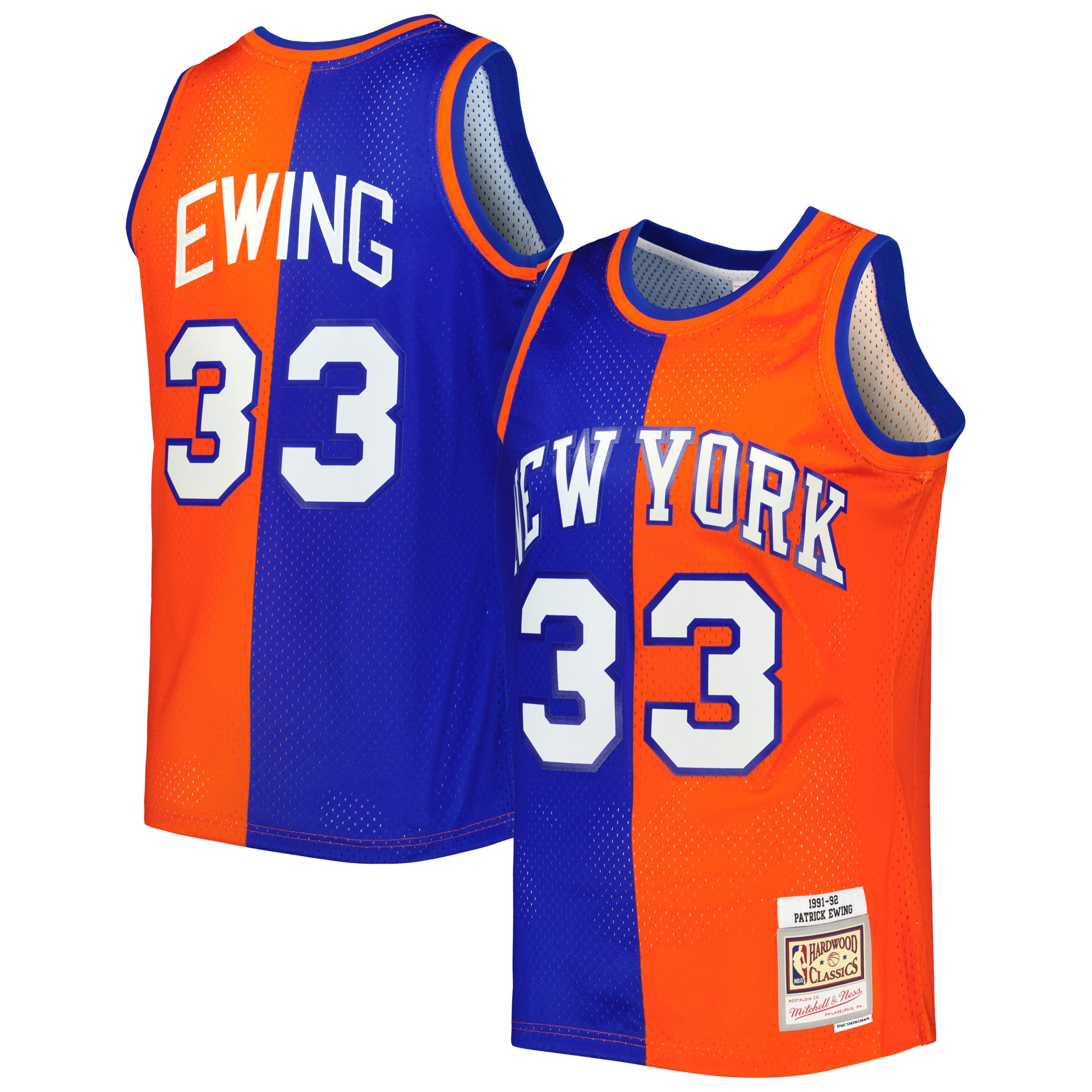 Mitchell Ness Patrick Ewing Blue/Orange New York Knicks Hardwood Classics 1991/92 Split Swingman NBA Jersey Men's