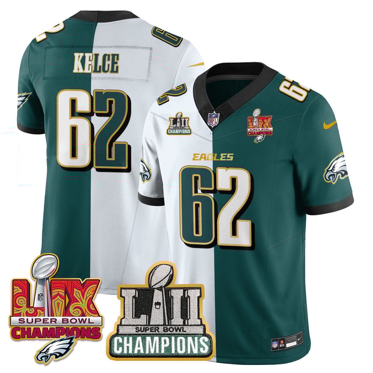 Jason Kelce 62 Philadelphia Eagles LII-LIX Super Bowl Champions Vapor Limited Gold Split NFL Jersey Men's