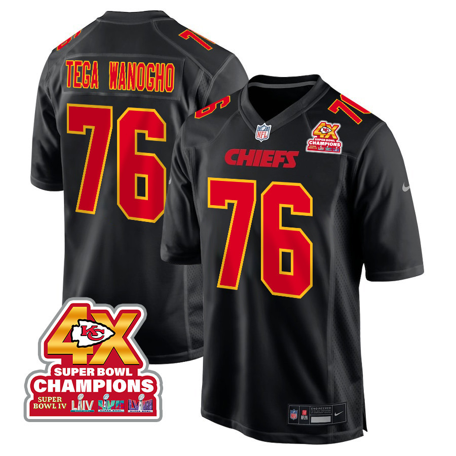 Prince Tega Wanogho 76 Kansas City Chiefs Super Bowl LVIII Champions 4X Fashion Game Carbon Black NFL Jersey Men's