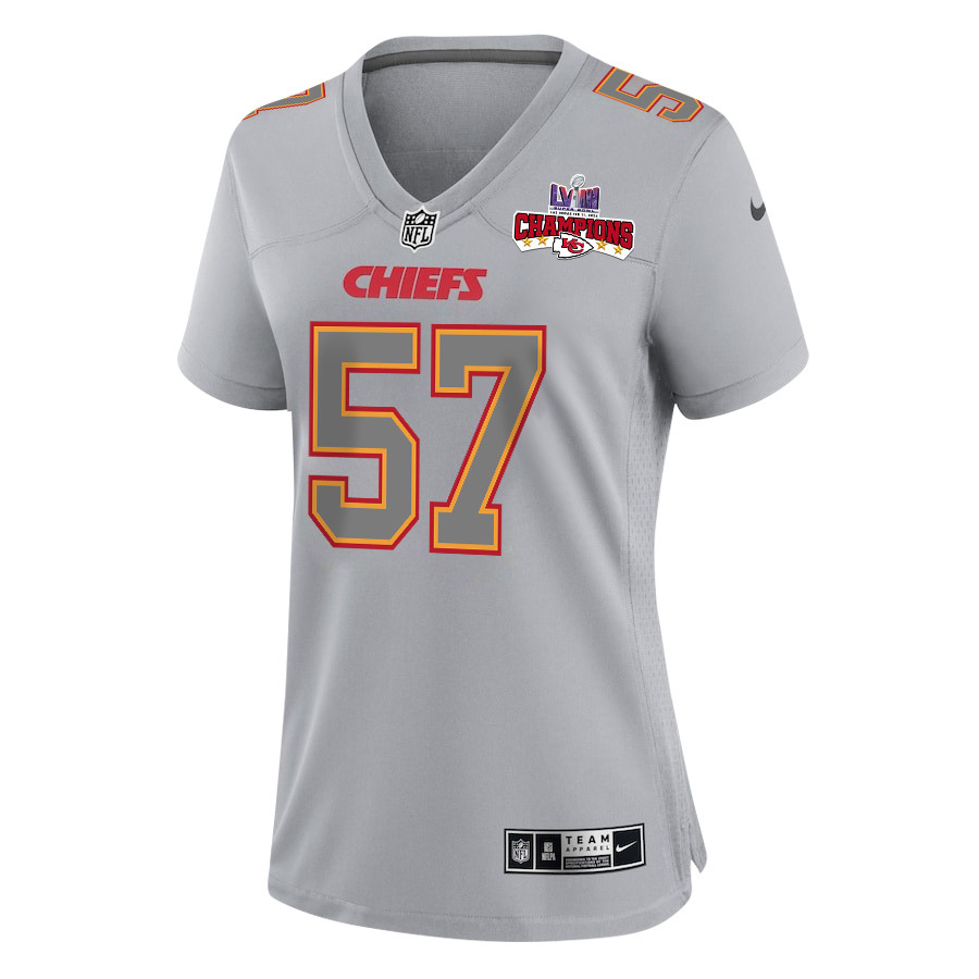 Truman Jones 57 Kansas City Chiefs Super Bowl LVIII Champions 4 Stars Patch Atmosphere Fashion Game Gray NFL Jersey Women's