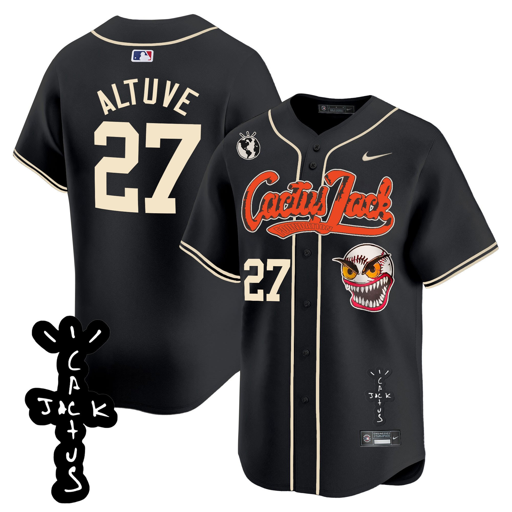 Jose Altuve 27 Houston Astros Cactus Jack Patch V2 Black MLB Jersey Men's