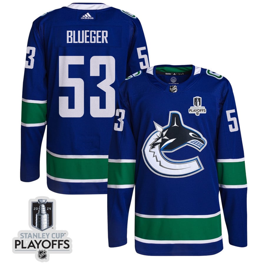 Teddy Blueger 53 Vancouver Canucks 2024 Playoffs Patch Home Blue NHL Jersey Men's