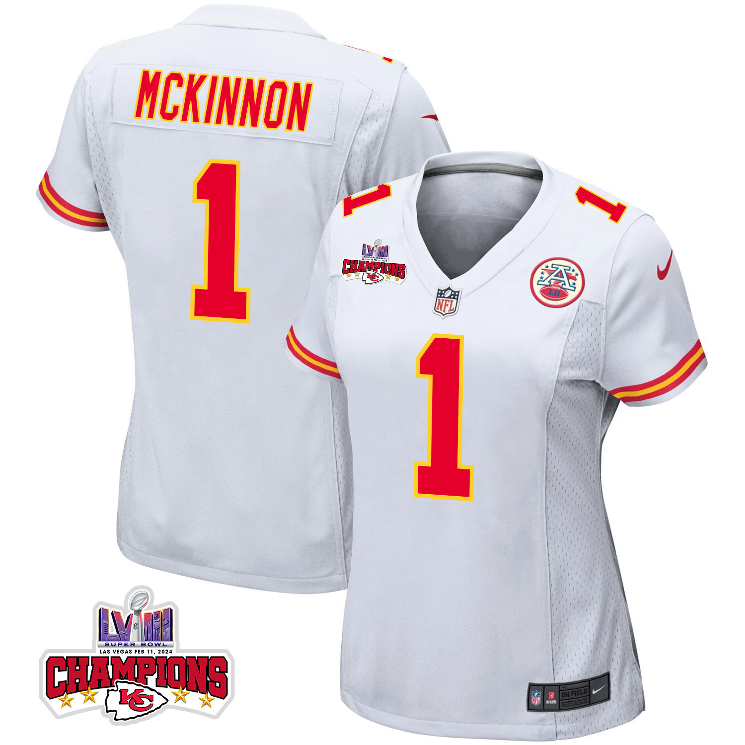 Jerick McKinnon 1 Kansas City Chiefs Super Bowl LVIII Champions 4 Stars Patch Game White NFL Jersey Women's