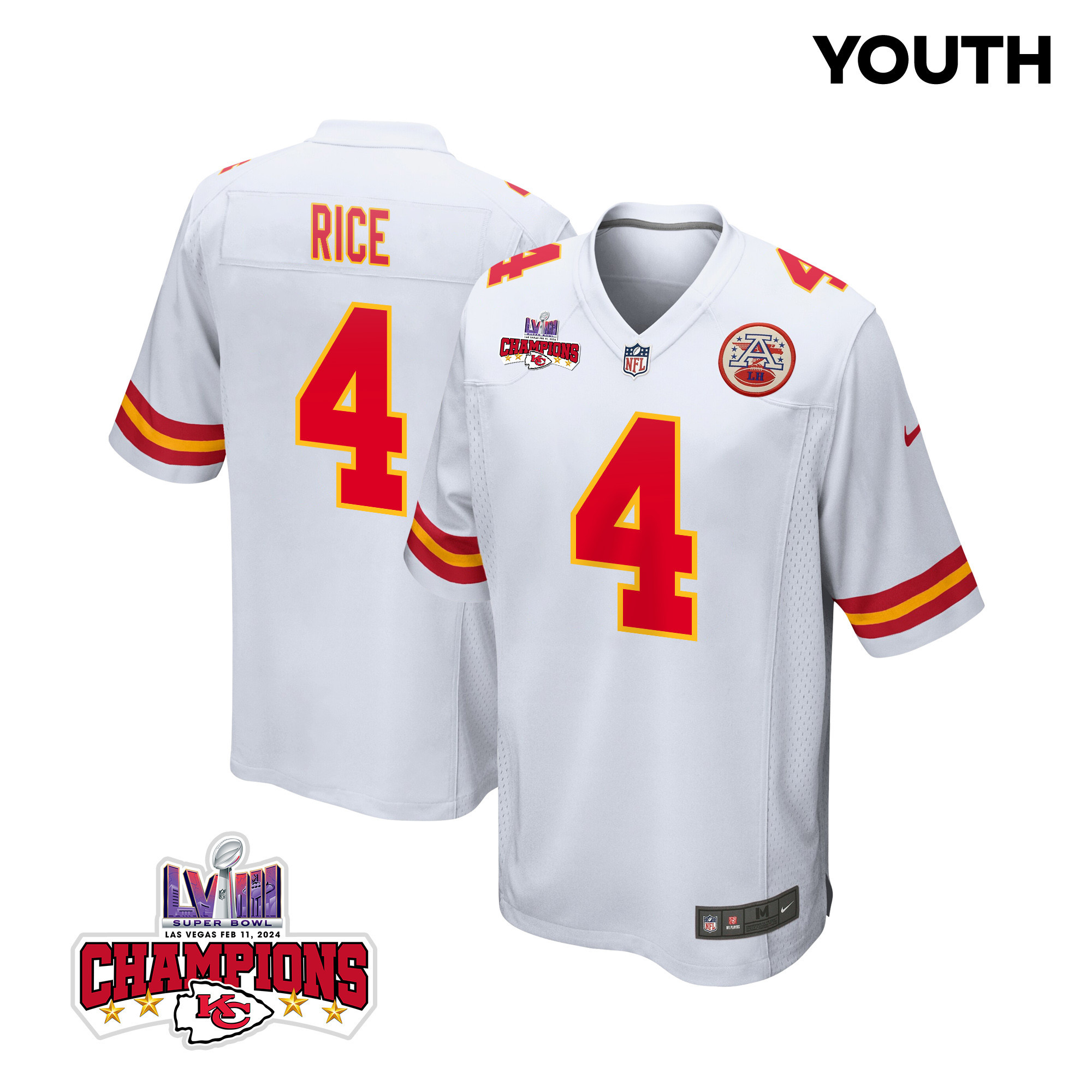 Rashee Rice 4 Kansas City Chiefs Super Bowl LVIII Champions 4 Stars Patch Game White NFL Jersey Youth