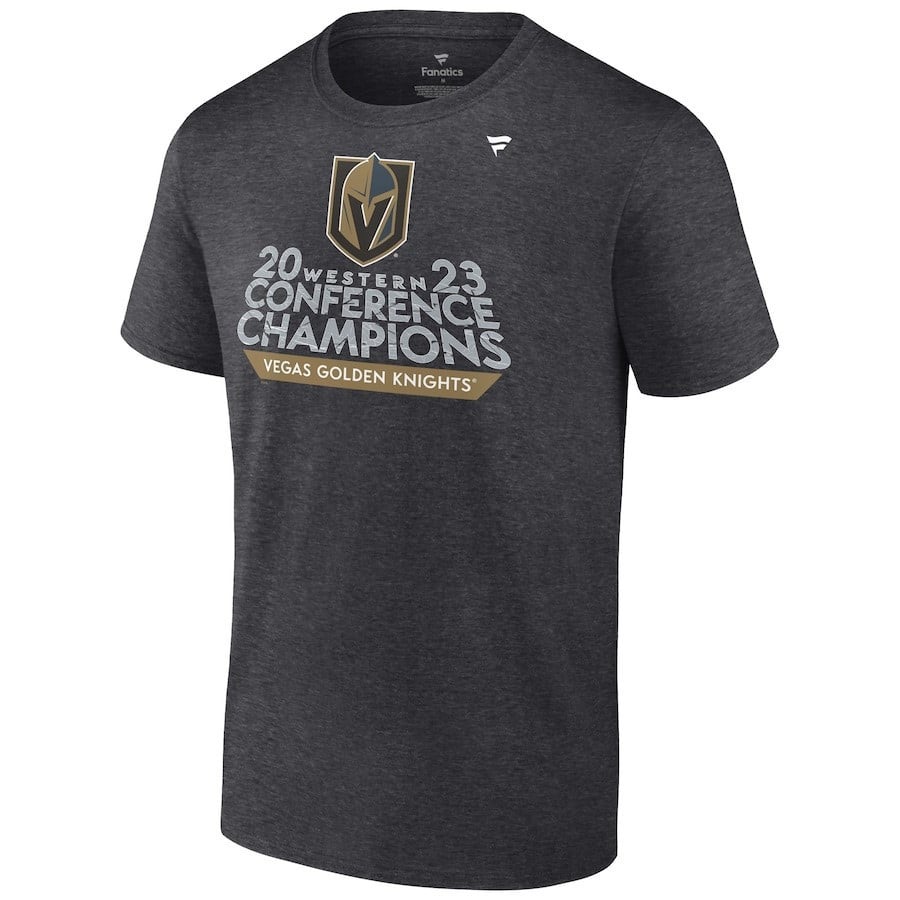 Vegas Golden Knights 2023 Western Conference Champions Locker Room T-Shirt Heather Charcoal NHL Jersey Men's