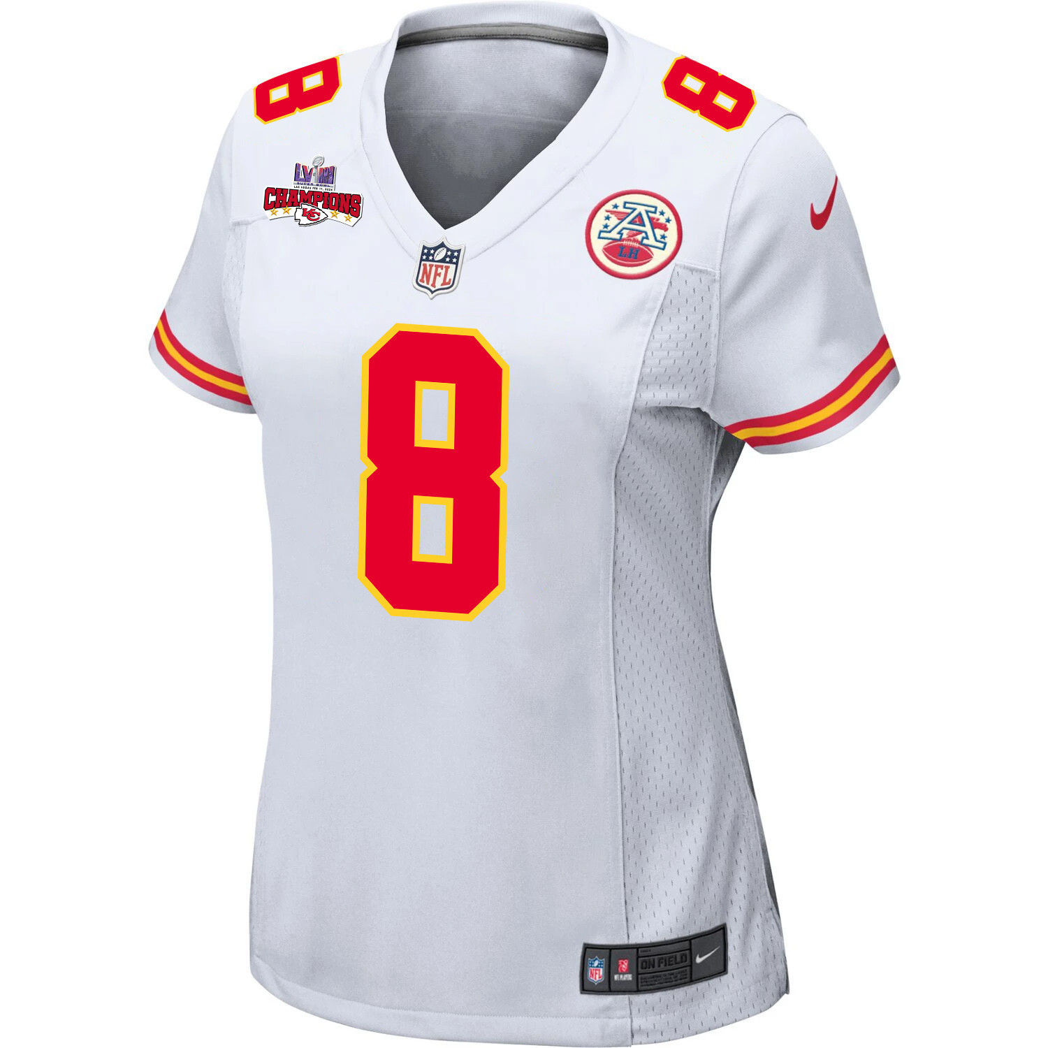 Justyn Ross 8 Kansas City Chiefs Super Bowl LVIII Champions 4 Stars Patch Game White NFL Jersey Women's