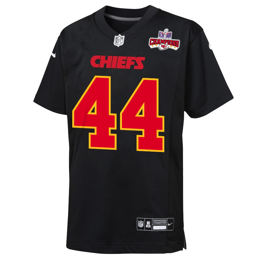 Cam Jones 44 Kansas City Chiefs Super Bowl LVIII Champions 4 Stars Patch Fashion Game Carbon Black NFL Jersey Youth