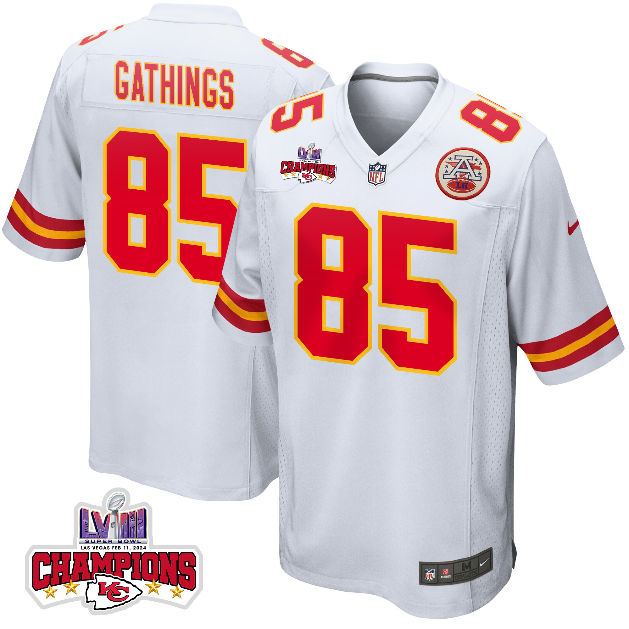 Izaiah Gathings 85 Kansas City Chiefs Super Bowl LVIII Champions 4 Stars Patch Game White NFL Jersey Men's